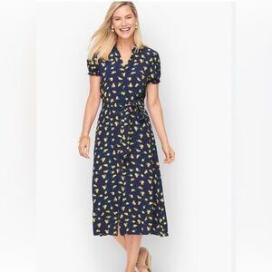 Talbots midi shirt dress size 10 navy lemon print belted short sleeve